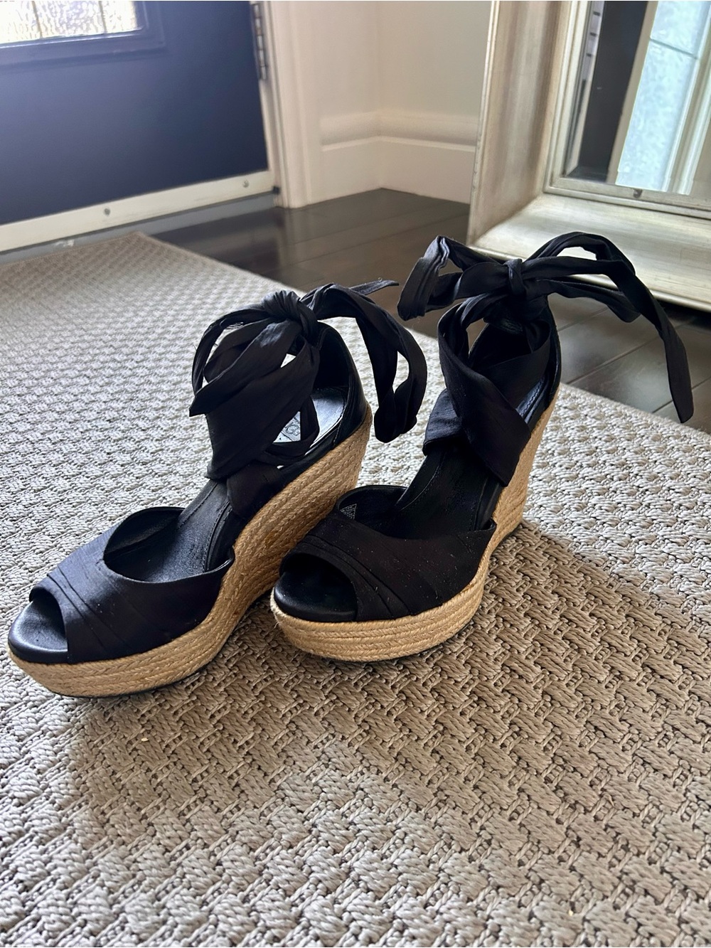 UGG Black Espadrille Wedge Sandals with Jute Platform and Ribbon Tie